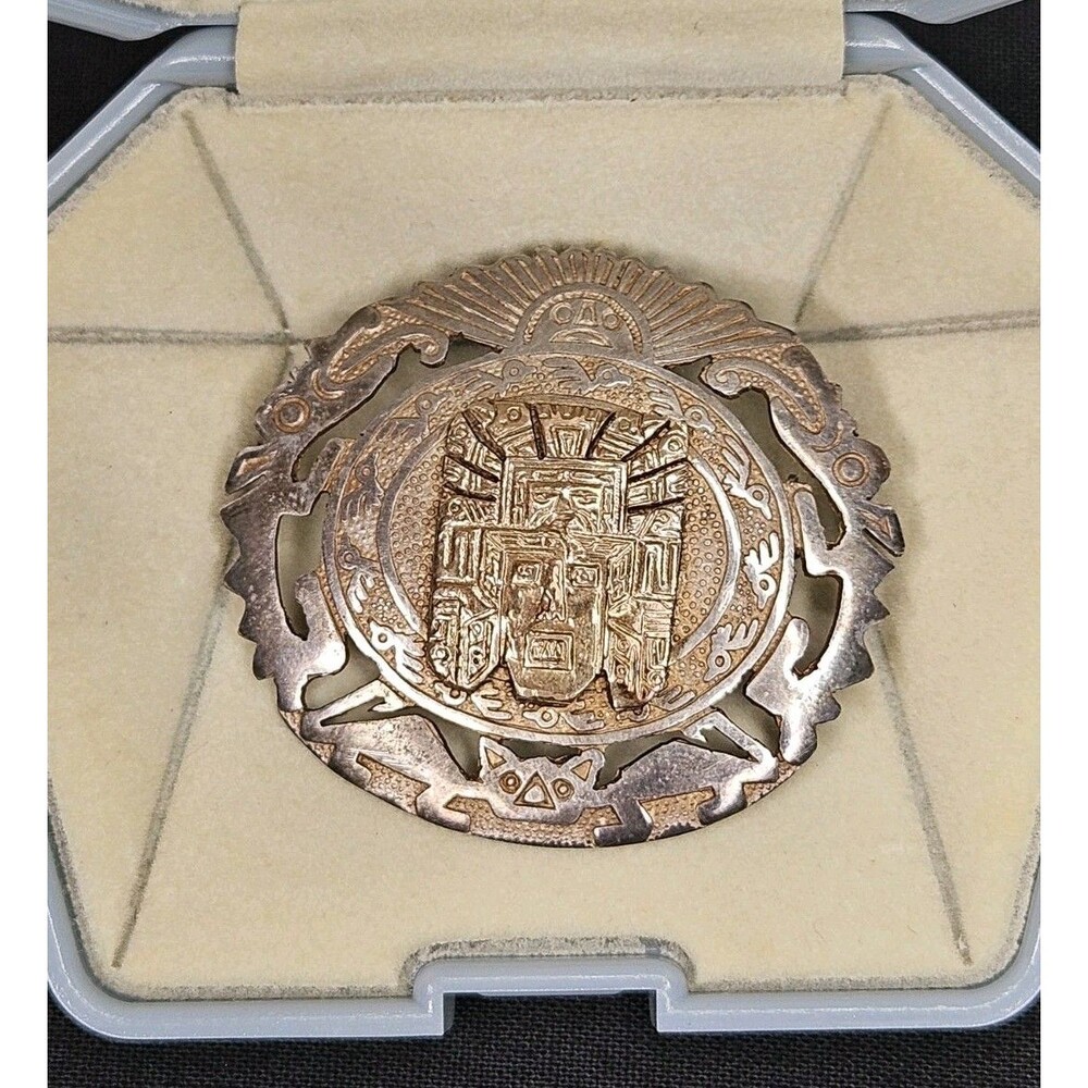 Vintage Sterling Silver 925/18K Gold Inca Design Brooch Peru 11.8 Grams, Sun Bat